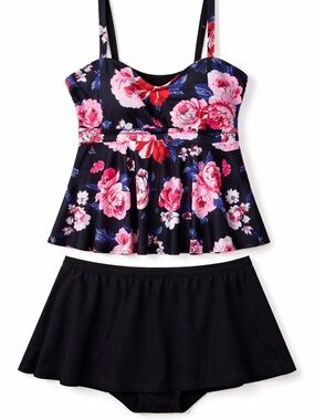 Floral Swim Tankini Set 1XL Black Pink Rose Top Catalina Swim Skirt XL NWOT